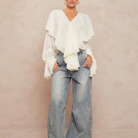 cream toned Casual Women's Boho Ruffled V-Neck Blouse top - Picture 2 of 8